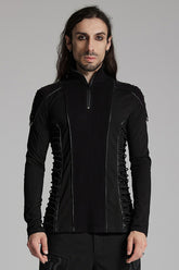 Black Long Sleeves Rivet Zipper Drawstring Men's Punk Blouse